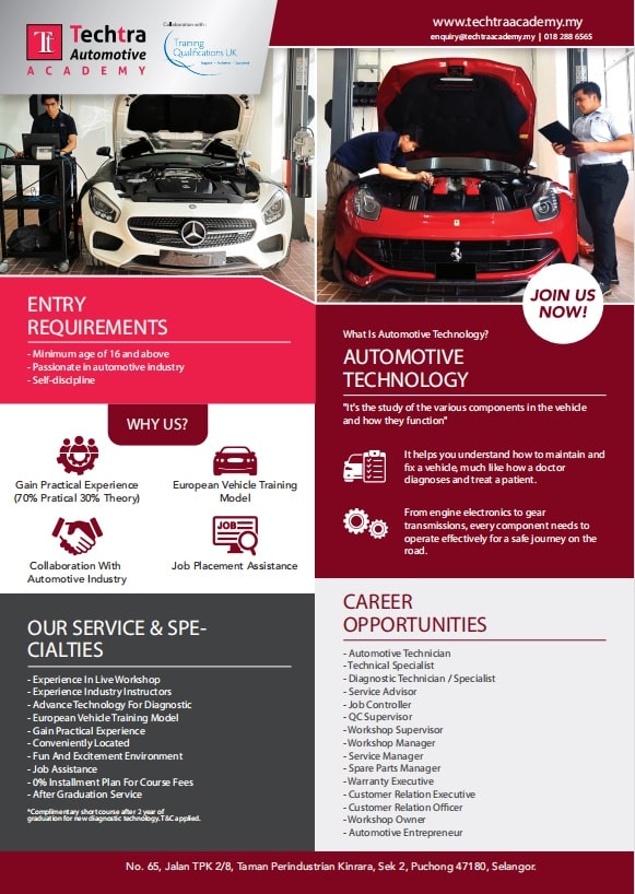automotive diploma in Malaysia by Techtra Automotive Academy Techtra Automotive Academy (Diploma in Automotive Technology) Best Auto College in Malaysia Kuala Lumpur) 2022-2023 Automotive Technology Academy Study Diploma in Malaysia KL Kuala Lumpur - Techtra Automotive College in Malaysia